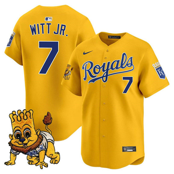Men's Kansas City Royals #7 Bobby Witt Jr. Gold Sluggerrr Patch Vapor Limited Stitched Baseball Jersey